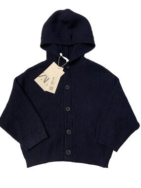 Zara Baby Knit Hooded Cardigan Sweater 9-12 Months Navy Blue NWT
